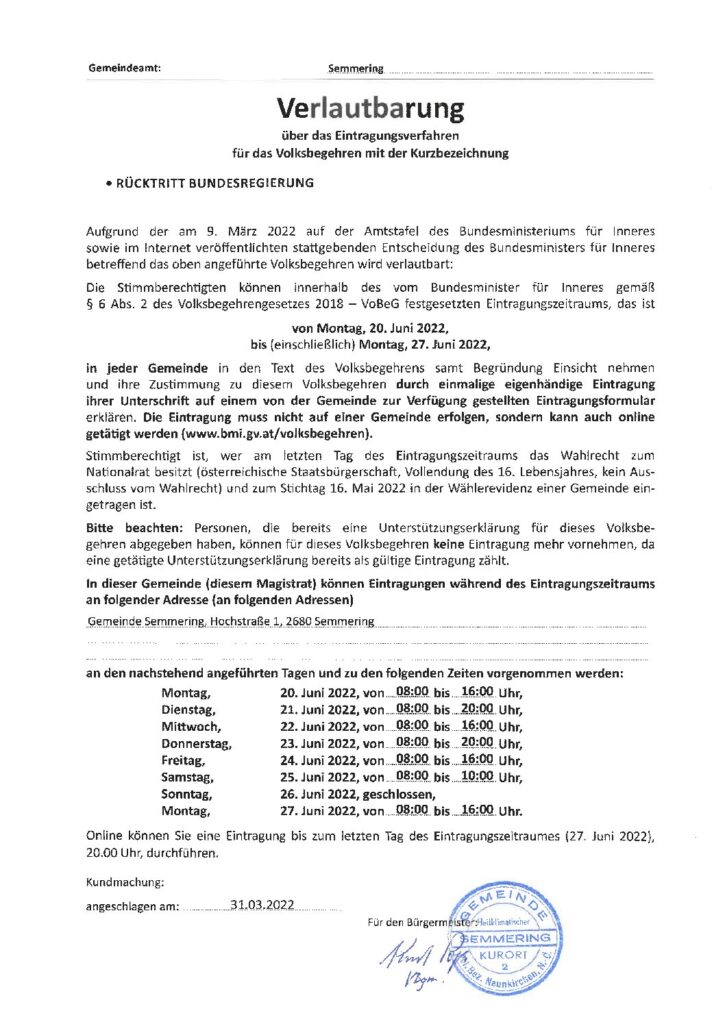 Kundmachung Volksbegehren Rückstritt Bundesregierung 20.-27.06.2022