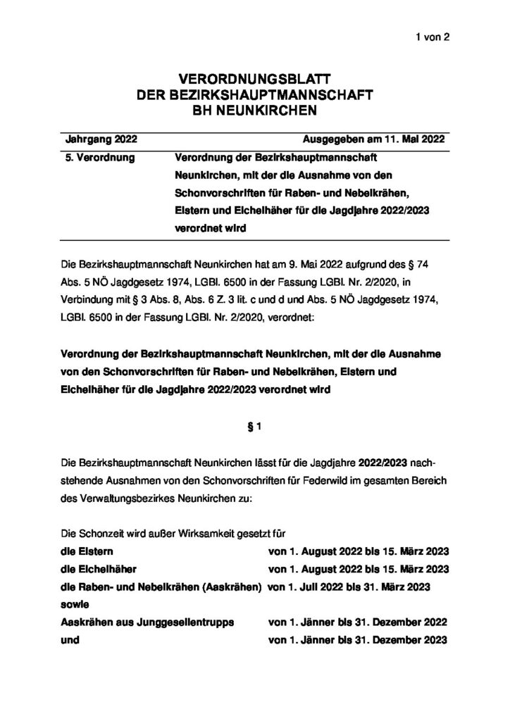 BH NK – Verordnung der Ausnahme von den Schonvorschriften für Raben- und Nebelkrähen, Elstern und Eichelhäher