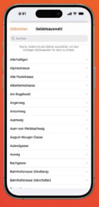 Wähle dein Gebiet aus oder nutze die Funktion "Adresse suchen"