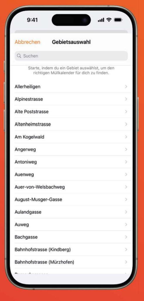 Wähle dein Gebiet aus oder nutze die Funktion "Adresse suchen"