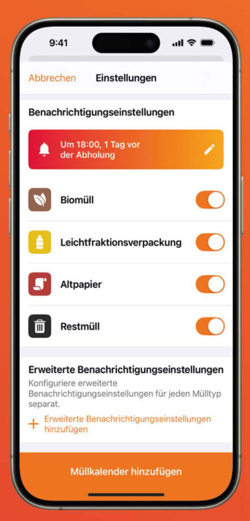 Wähle deinen gewünschten Erinnerungpunkt aus & tippe  auf "Müllkalender hinzufügen"